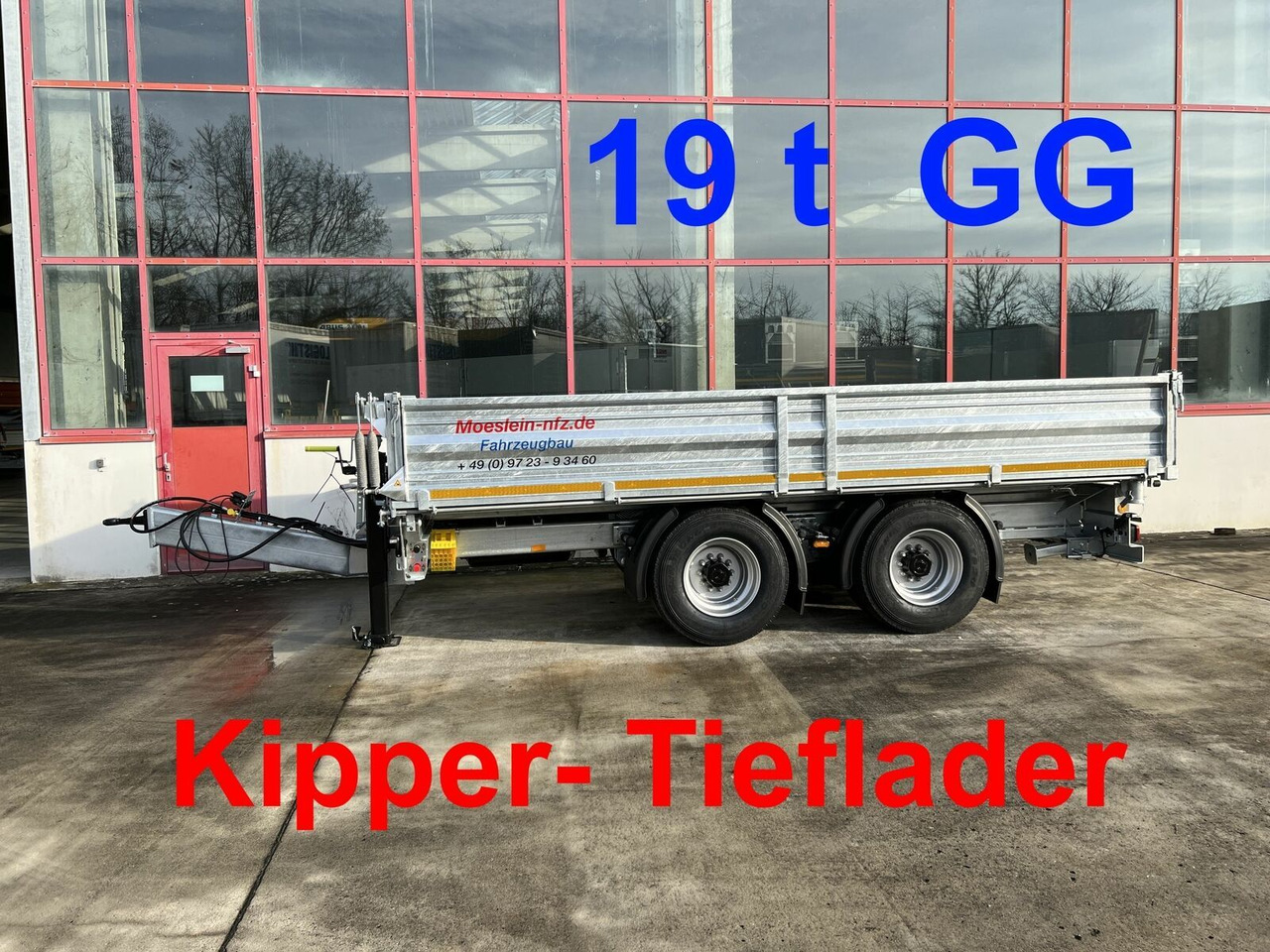 Möslein neuer 19 t Tandemkipper- Tieflader - Pótkocsi billenőplatós: 1 kép. Möslein neuer 19 t Tandemkipper- Tieflader - Pótkocsi billenőplatós: 1 kép.