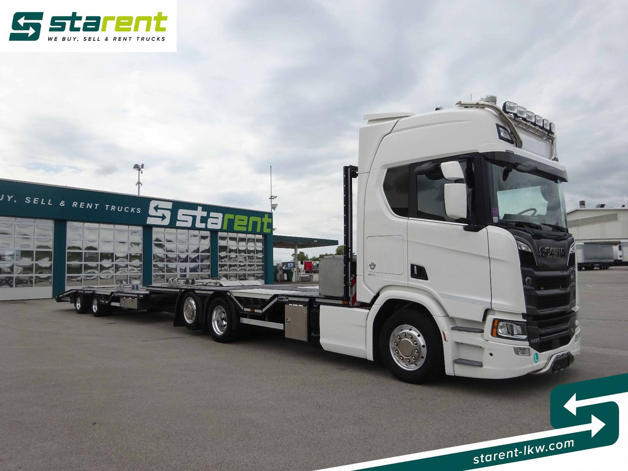 Scania R770 V8 Fahrzeugtransporter + Ziegler Anhänger - Platós teherautó: 3 kép. Scania R770 V8 Fahrzeugtransporter + Ziegler Anhänger - Platós teherautó: 3 kép.