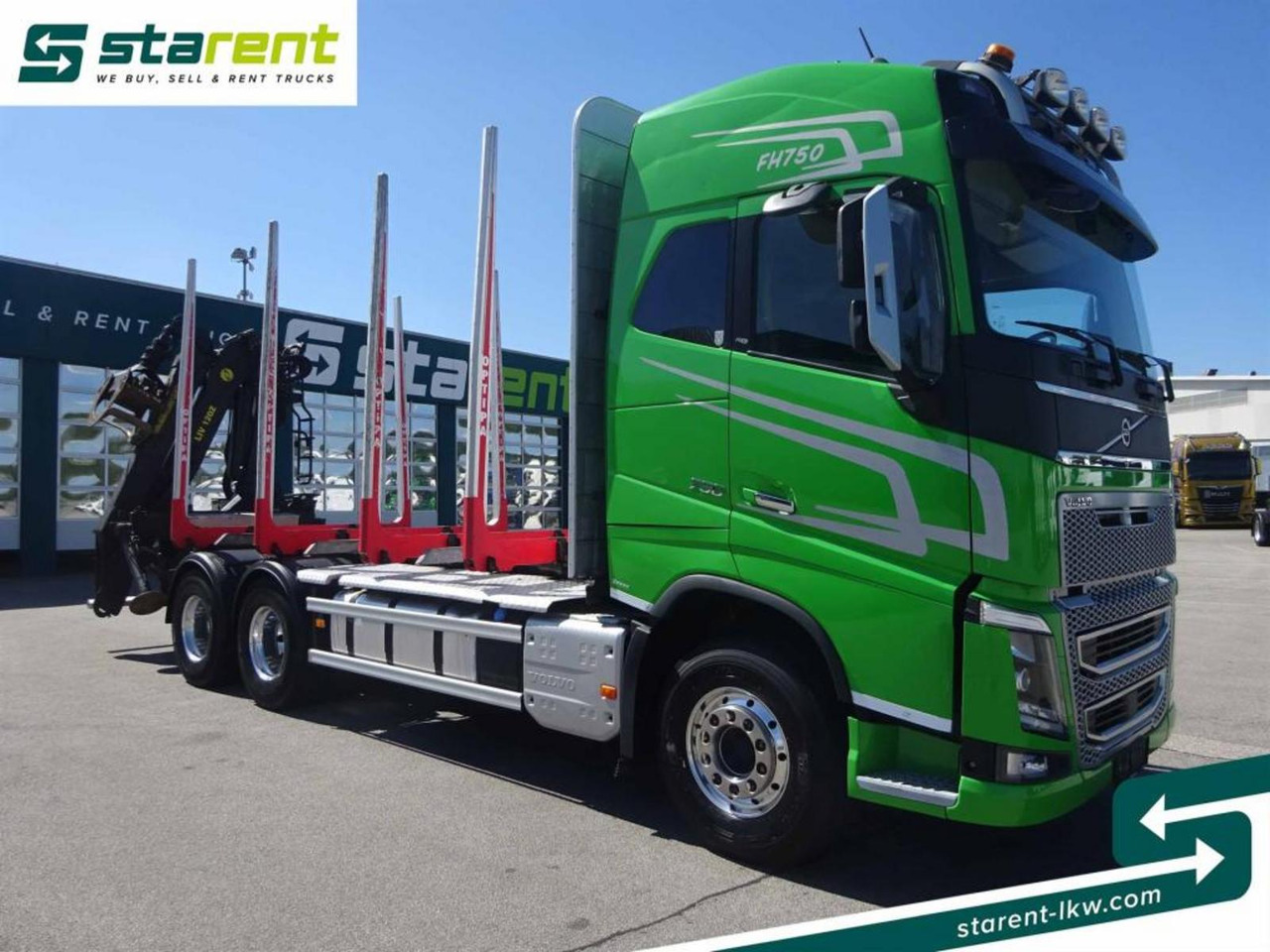 Volvo FH16 750 6x4 Holzaufbau mit Kran (Tajfun LIV120Z) - Rönkszállító teherautó: 3 kép. Volvo FH16 750 6x4 Holzaufbau mit Kran (Tajfun LIV120Z) - Rönkszállító teherautó: 3 kép.