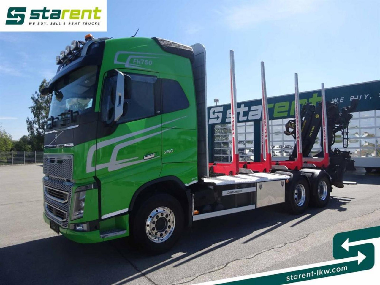 Volvo FH16 750 6x4 Holzaufbau mit Kran (Tajfun LIV120Z) - Rönkszállító teherautó: 1 kép. Volvo FH16 750 6x4 Holzaufbau mit Kran (Tajfun LIV120Z) - Rönkszállító teherautó: 1 kép.