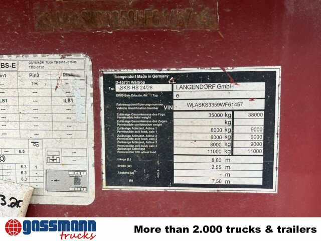Langendorf SKS-HS 24/28, Stahlmulde ca. 24m³, Liftachse - Félpótkocsi billenőplatós: 2 kép. Langendorf SKS-HS 24/28, Stahlmulde ca. 24m³, Liftachse - Félpótkocsi billenőplatós: 2 kép.