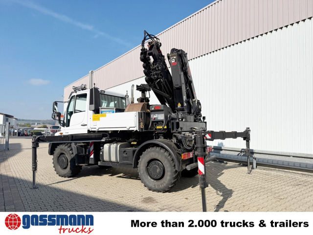 Unimog U400 4x4, Frontzapfwelle, Heckkran Hiab XS - Platós teherautó, Darus autó: 3 kép. Unimog U400 4x4, Frontzapfwelle, Heckkran Hiab XS - Platós teherautó, Darus autó: 3 kép.