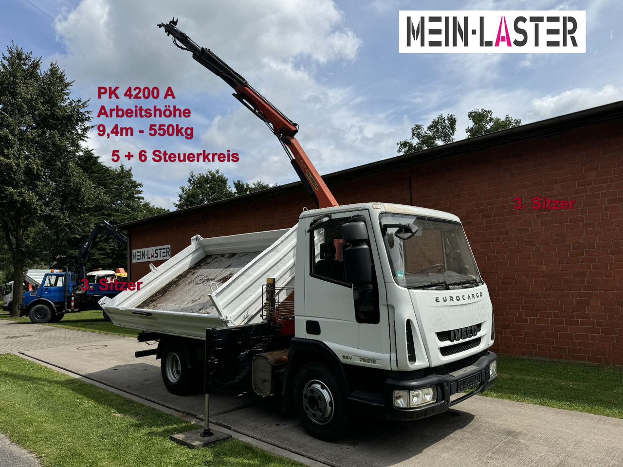Iveco ML75E16 3 S-Kipper Kran PK 9,4m-550 kg Greifer - Billenőplatós kisteherautó: 1 kép. Iveco ML75E16 3 S-Kipper Kran PK 9,4m-550 kg Greifer - Billenőplatós kisteherautó: 1 kép.