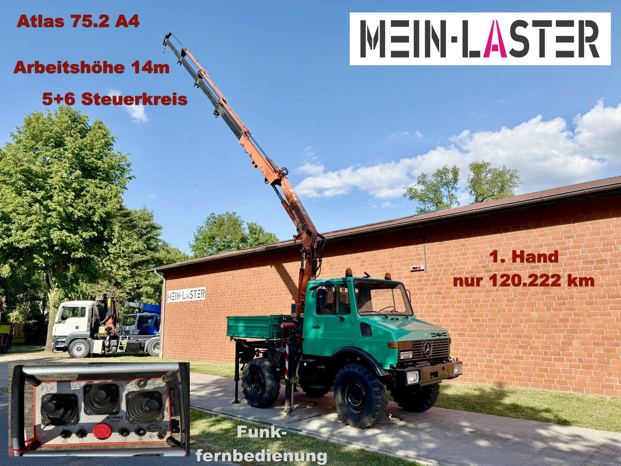 Unimog U 1200 Atlas 75.2 Kran 14 m Funk FB *1. Hand - Darus autó: 1 kép. Unimog U 1200 Atlas 75.2 Kran 14 m Funk FB *1. Hand - Darus autó: 1 kép.
