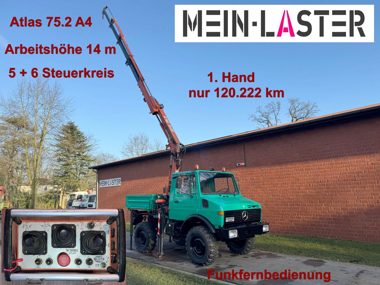 Unimog U 1200 Atlas 75.2 Kran 14 m Funk FB *1. Hand - Darus autó: 1 kép. Unimog U 1200 Atlas 75.2 Kran 14 m Funk FB *1. Hand - Darus autó: 1 kép.