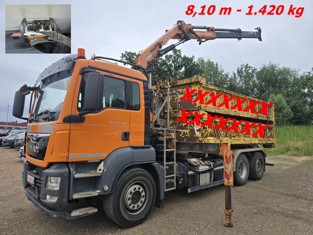 MAN TGS 28.440 BL/6x2/4/45 TGS 28.440 BL/6x2/4, Atlas Kran VDL Abrollanlage, Funk, Lenk-Liftachse, - Horgos rakodó teherautó, Darus autó: 1 kép. MAN TGS 28.440 BL/6x2/4/45 TGS 28.440 BL/6x2/4, Atlas Kran VDL Abrollanlage, Funk, Lenk-Liftachse, - Horgos rakodó teherautó, Darus autó: 1 kép.