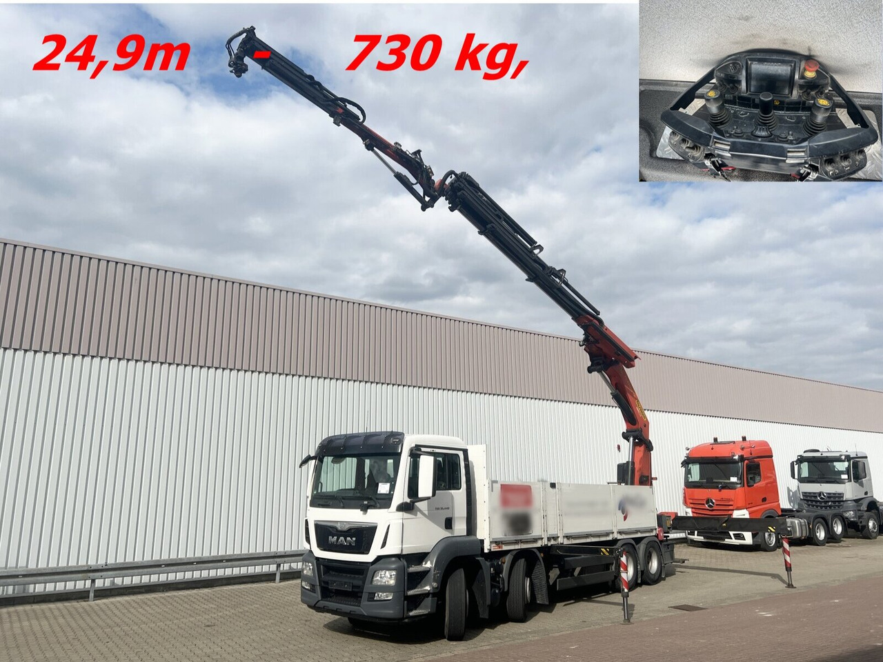 MAN TGS 35.440 8x4 BL TGS 35.440 8x4 BL, Navi, Heckkran Palfinger PK42002 SH-F + Jip PJ 060 B, 24,9m-730kg, Funk - Darus autó, Platós teherautó: 1 kép. MAN TGS 35.440 8x4 BL TGS 35.440 8x4 BL, Navi, Heckkran Palfinger PK42002 SH-F + Jip PJ 060 B, 24,9m-730kg, Funk - Darus autó, Platós teherautó: 1 kép.