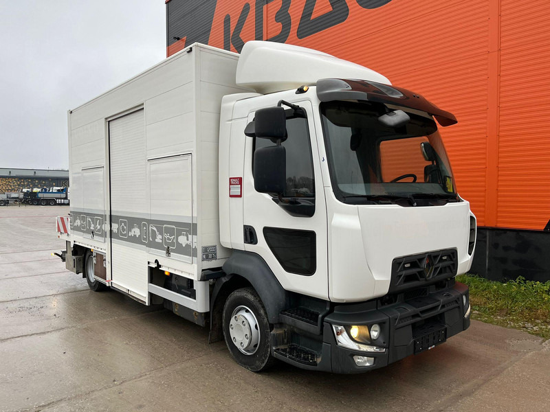 Renault D12 4x2 WORKSHOP ON WHEELS / FASSI M30A.13 / BOX L=4459 mm - Platós teherautó, Darus autó: 3 kép. Renault D12 4x2 WORKSHOP ON WHEELS / FASSI M30A.13 / BOX L=4459 mm - Platós teherautó, Darus autó: 3 kép.