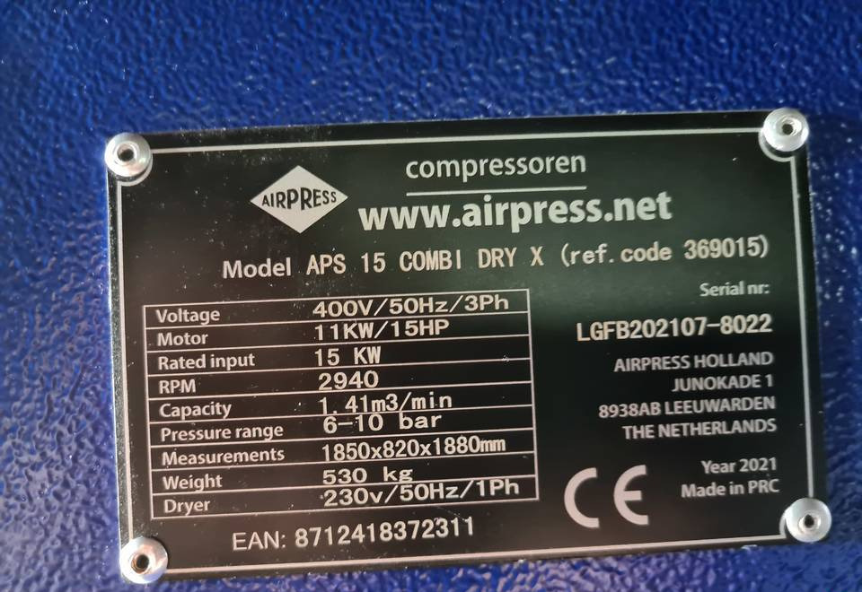 Kompresor śrubowy AIRPRESS APS 15 COMBI DRY X, 11 kw, 2021r - Légkompresszor: 5 kép. Kompresor śrubowy AIRPRESS APS 15 COMBI DRY X, 11 kw, 2021r - Légkompresszor: 5 kép.