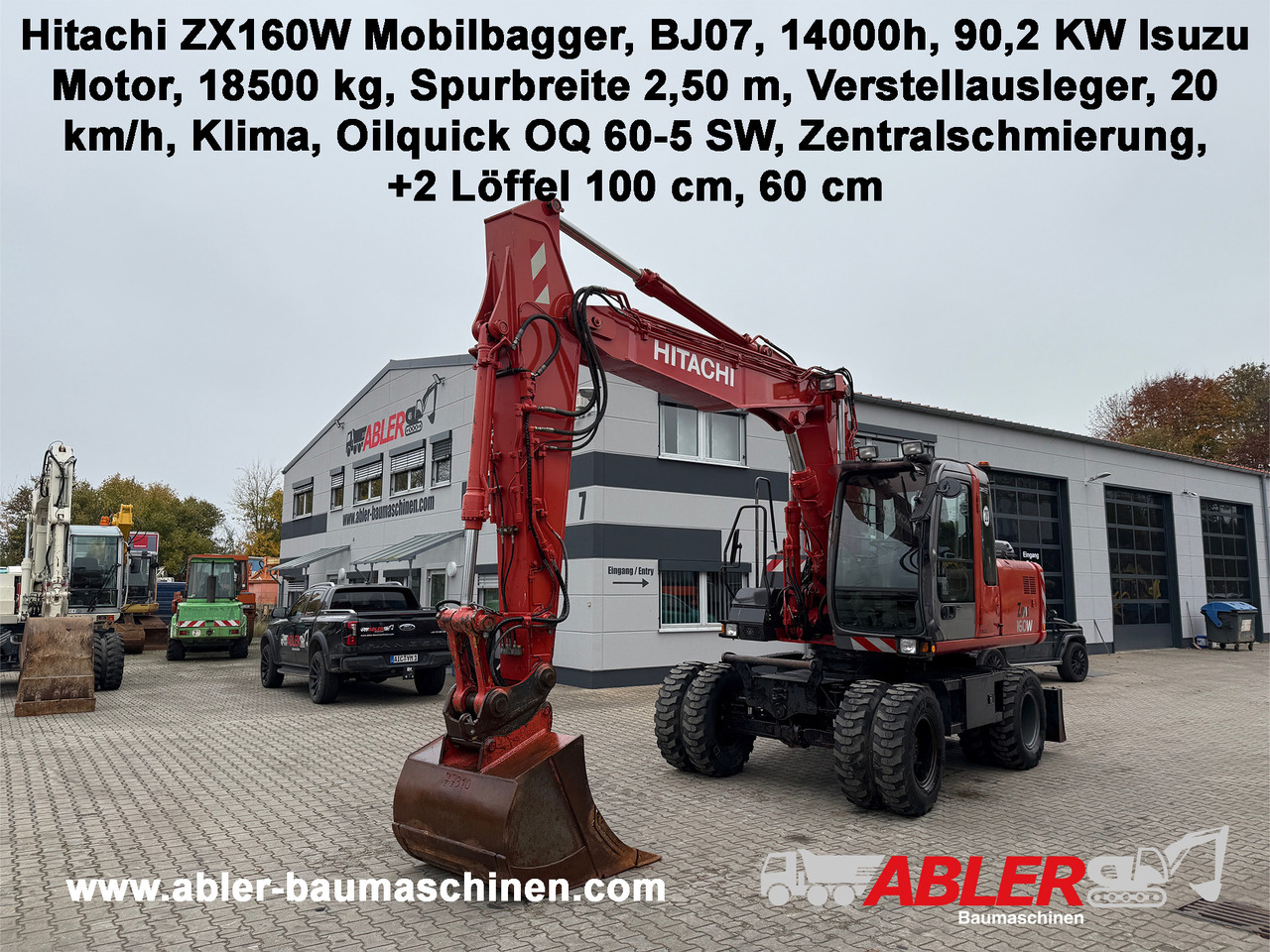 Hitachi ZX 160 W Mobilbagger Klima Zentralschmierung OQ 60-5 - Gumikerekes kotró: 1 kép. Hitachi ZX 160 W Mobilbagger Klima Zentralschmierung OQ 60-5 - Gumikerekes kotró: 1 kép.