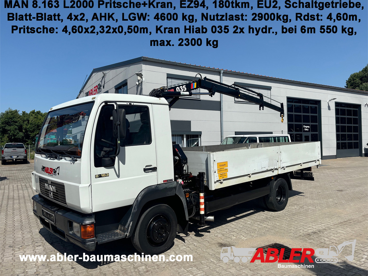 MAN 8.163 L2000 Pritsche+Kran Hiab 035 - Platós teherautó, Darus autó: 1 kép. MAN 8.163 L2000 Pritsche+Kran Hiab 035 - Platós teherautó, Darus autó: 1 kép.