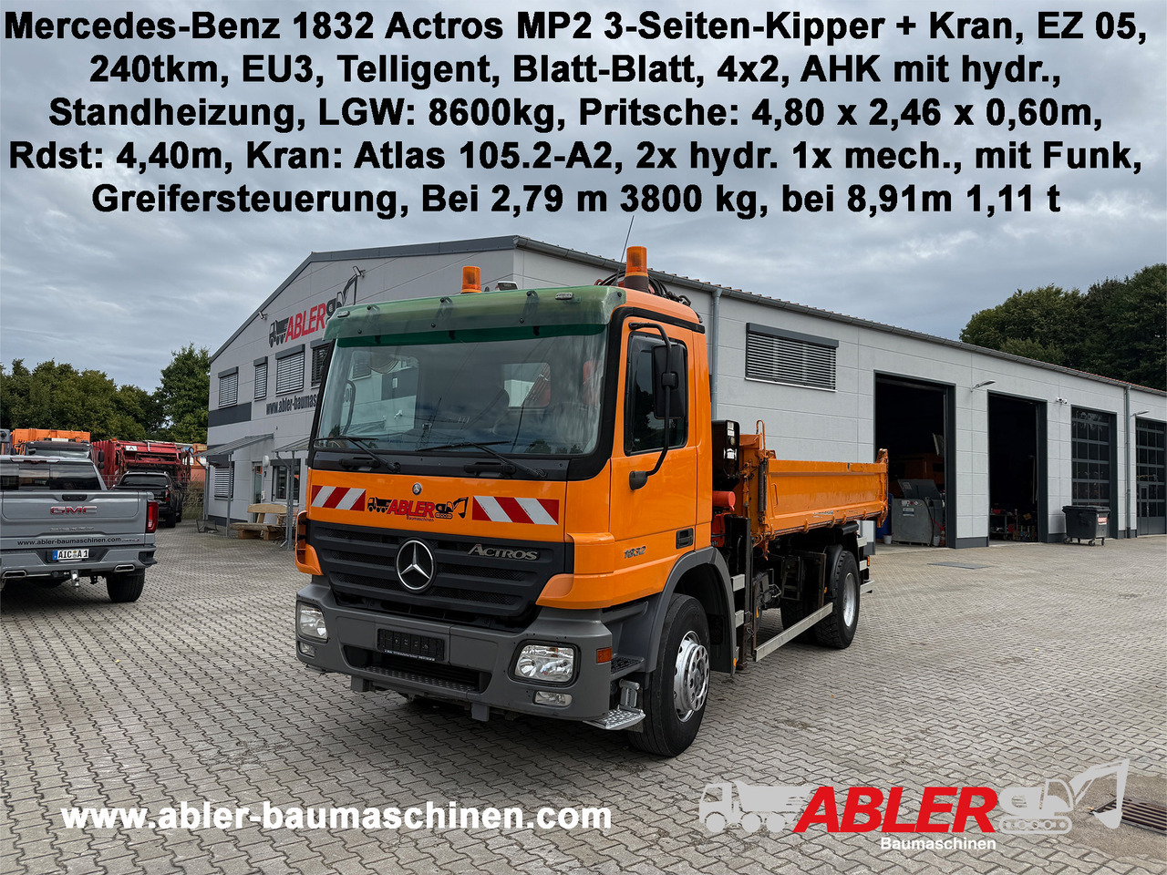 Mercedes-Benz 1832 Actros MP2 3-Seiten-Kipper mit Kran + Funk - Billenőplatós teherautó, Darus autó: 1 kép. Mercedes-Benz 1832 Actros MP2 3-Seiten-Kipper mit Kran + Funk - Billenőplatós teherautó, Darus autó: 1 kép.