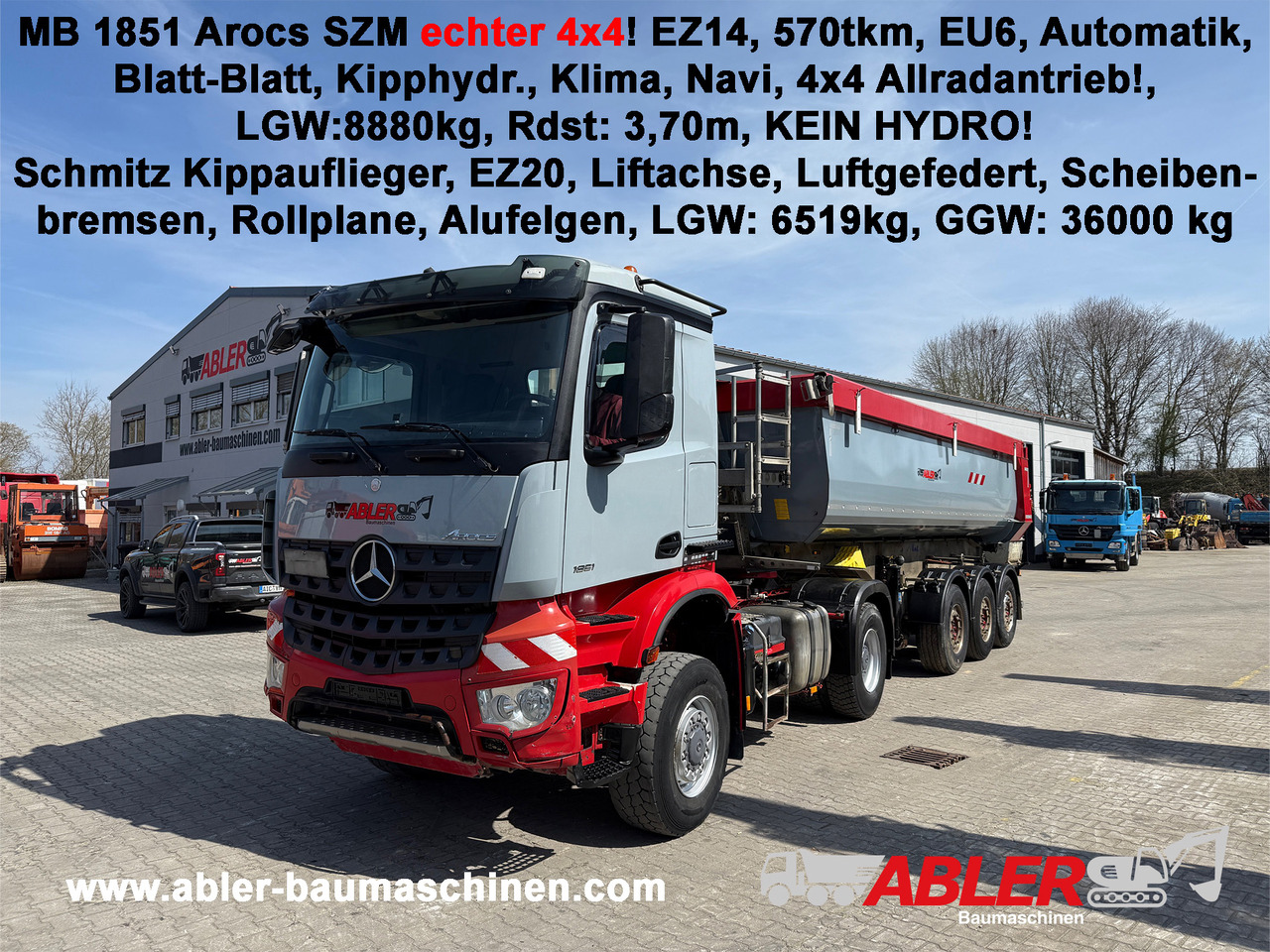 Mercedes-Benz 1851 Arocs ECHTER 4x4 mit Schmitz Kippauflieger - Billenőplatós teherautó: 1 kép. Mercedes-Benz 1851 Arocs ECHTER 4x4 mit Schmitz Kippauflieger - Billenőplatós teherautó: 1 kép.