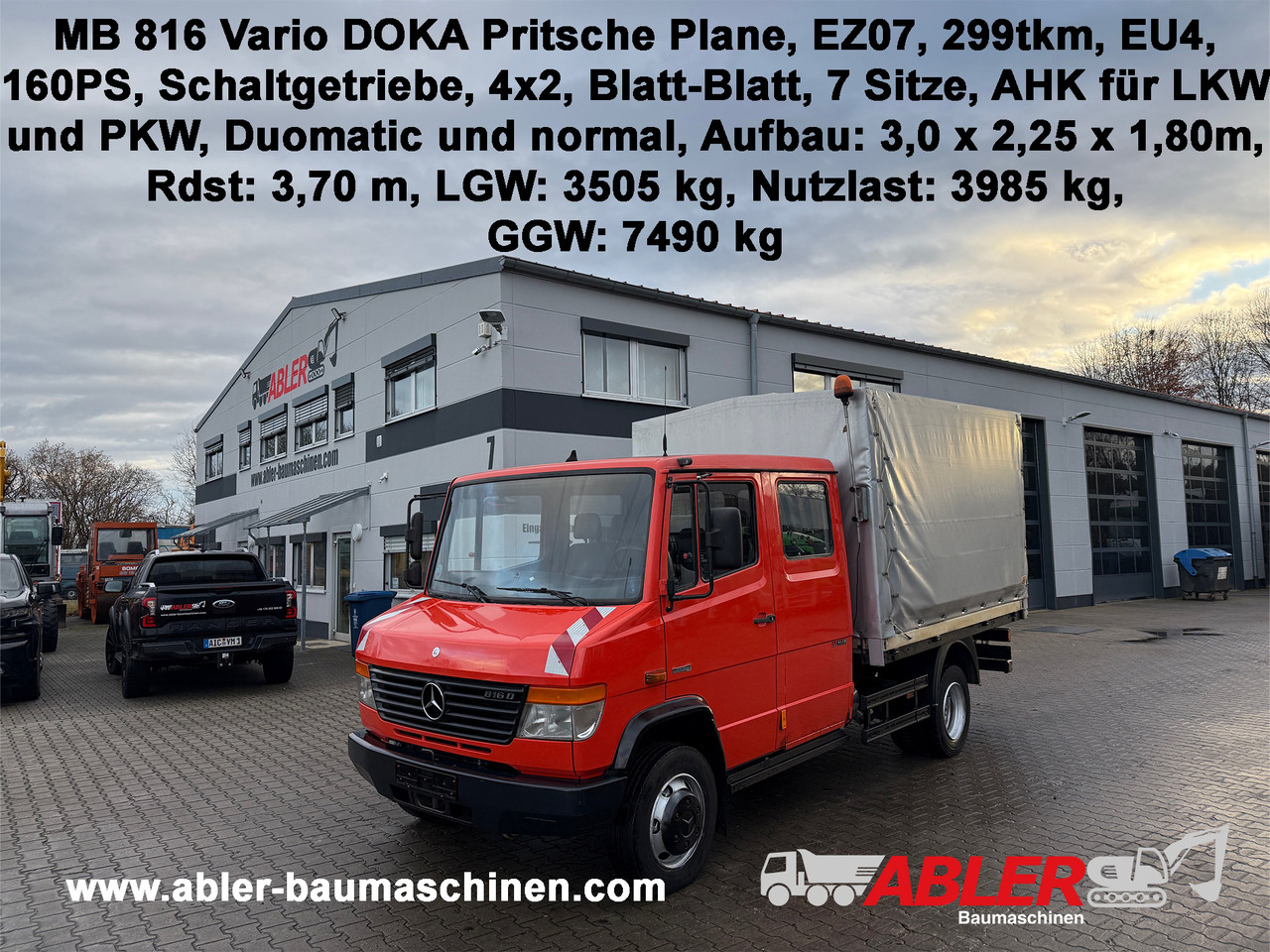Mercedes-Benz 816 Vario Doka Pritsche Plane 2x AHK - Ponyvás teherautó: 1 kép. Mercedes-Benz 816 Vario Doka Pritsche Plane 2x AHK - Ponyvás teherautó: 1 kép.
