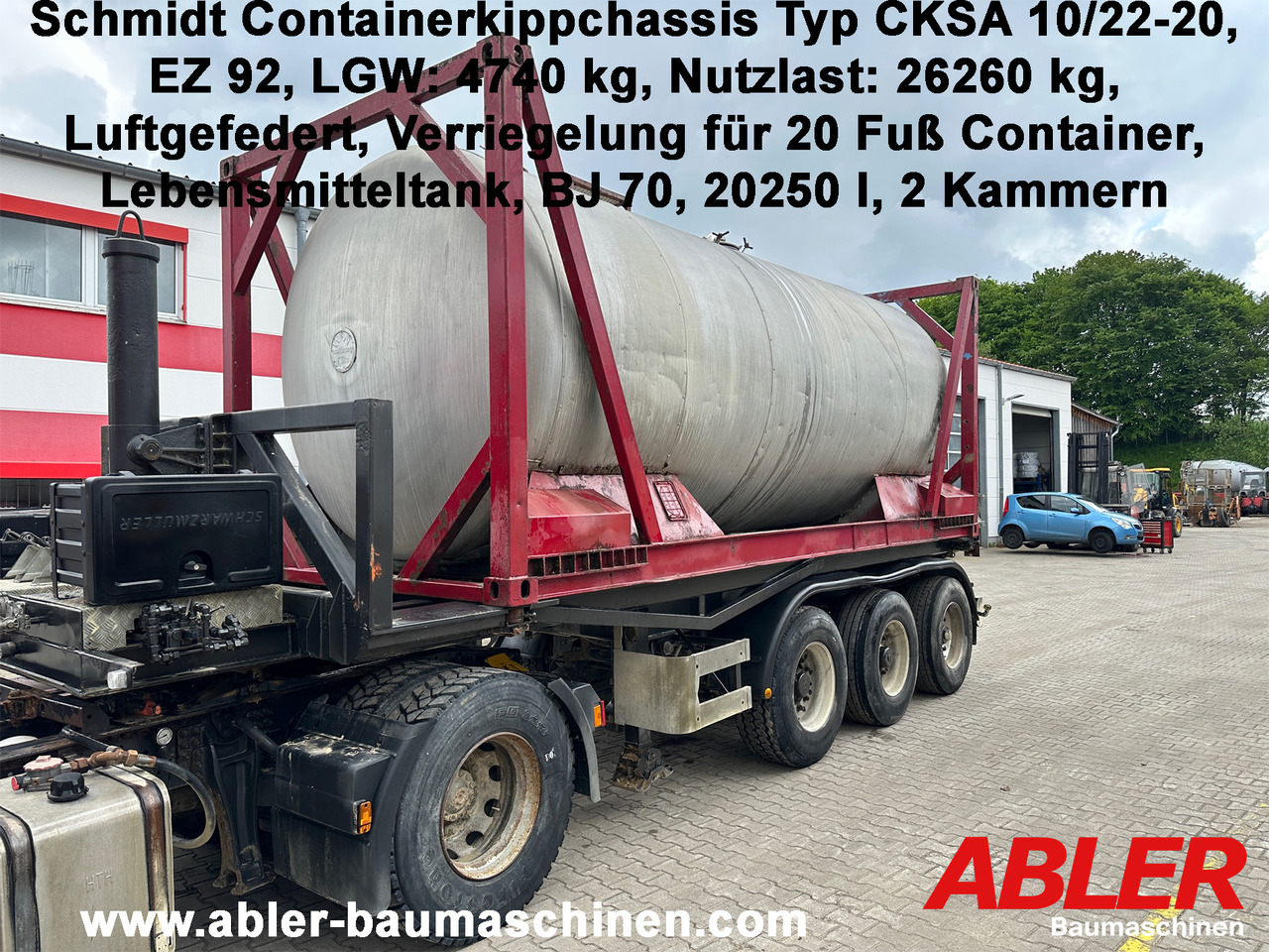 Schmidt CKSA 10/22-20 20 ft Containerkippchassis mit Lebensmitteltank - Félpótkocsi billenőplatós: 1 kép. Schmidt CKSA 10/22-20 20 ft Containerkippchassis mit Lebensmitteltank - Félpótkocsi billenőplatós: 1 kép.