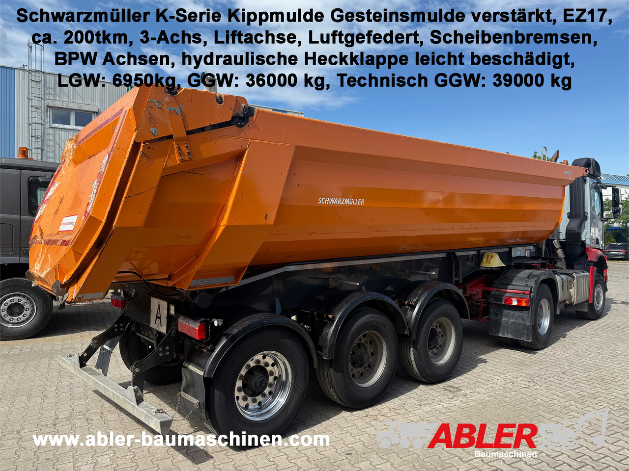 Schwarzmüller Kippauflieger Gesteinsmulde verstärkt Liftachse - Félpótkocsi billenőplatós: 1 kép. Schwarzmüller Kippauflieger Gesteinsmulde verstärkt Liftachse - Félpótkocsi billenőplatós: 1 kép.