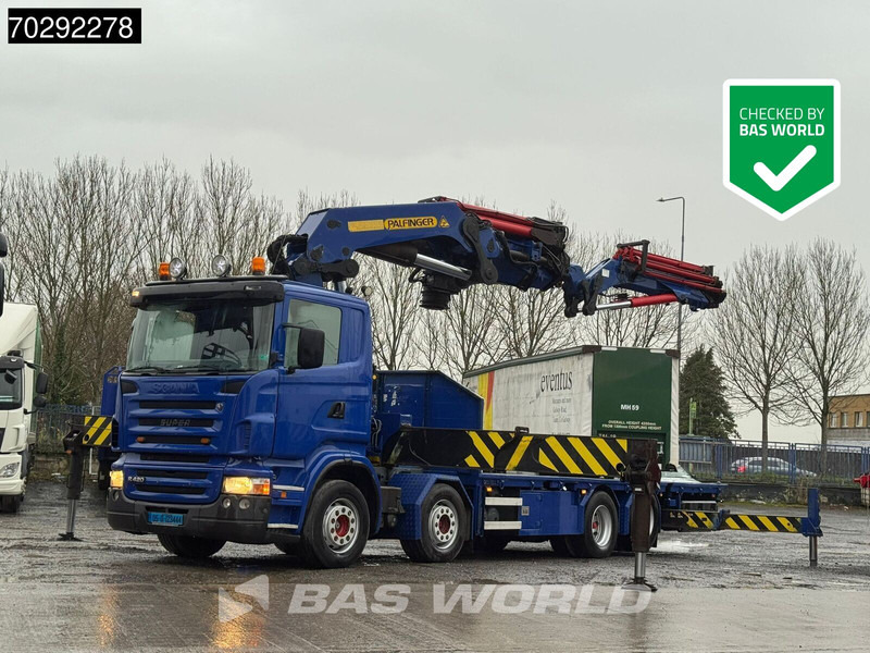 Scania R420 8X2 Palfinger PK100002 Crane Kran + PJ170 JIB Lift Axle Euro 4 - Platós teherautó, Darus autó: 1 kép. Scania R420 8X2 Palfinger PK100002 Crane Kran + PJ170 JIB Lift Axle Euro 4 - Platós teherautó, Darus autó: 1 kép.