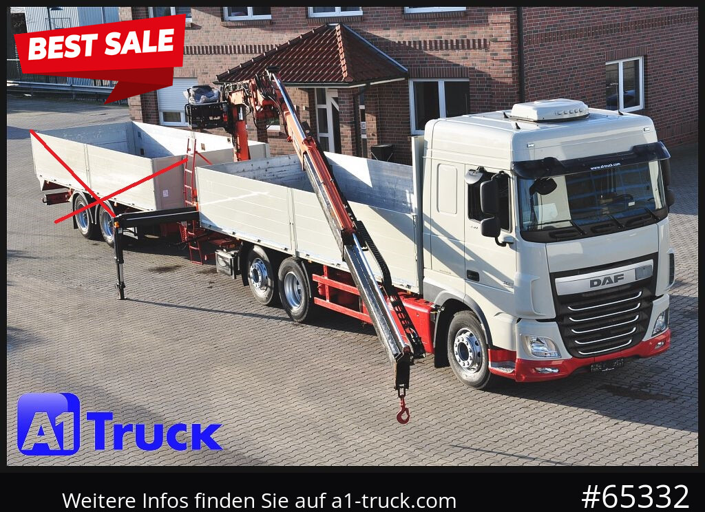 DAF XF 440, Baustoff, Terex 145.2 - Platós teherautó, Darus autó: 1 kép. DAF XF 440, Baustoff, Terex 145.2 - Platós teherautó, Darus autó: 1 kép.