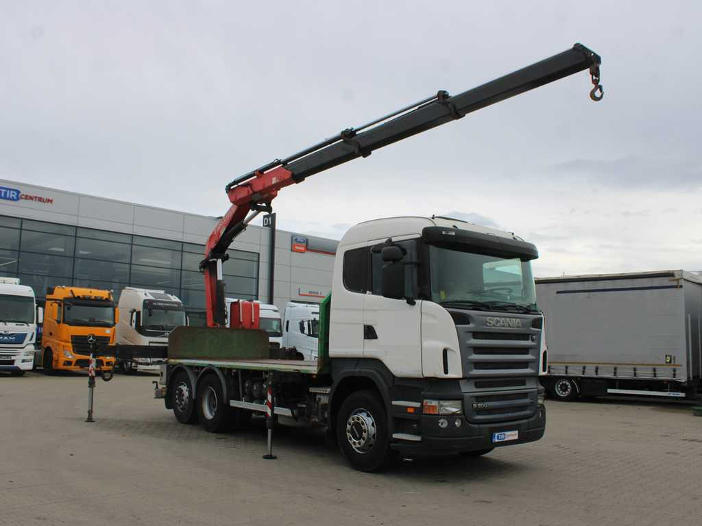 Scania R 500, 6X2, EURO 4, OPTICRUISE, HYDRAULIC ARM FASSI F220A.23 - Platós teherautó, Darus autó: 3 kép. Scania R 500, 6X2, EURO 4, OPTICRUISE, HYDRAULIC ARM FASSI F220A.23 - Platós teherautó, Darus autó: 3 kép.