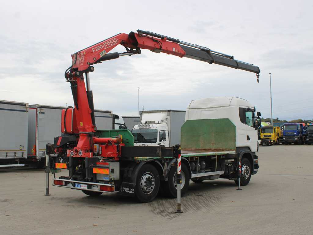 Scania R 500, 6X2, EURO 4, OPTICRUISE, HYDRAULIC ARM FASSI F220A.23 - Platós teherautó, Darus autó: 4 kép. Scania R 500, 6X2, EURO 4, OPTICRUISE, HYDRAULIC ARM FASSI F220A.23 - Platós teherautó, Darus autó: 4 kép.