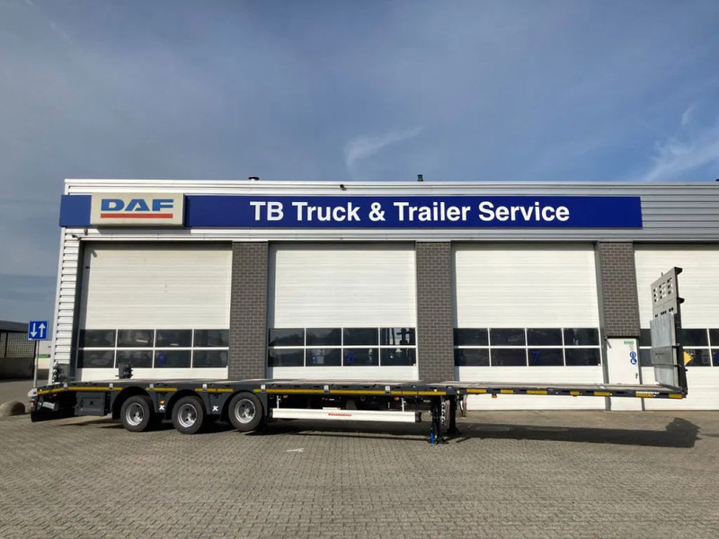 Kässbohrer SPA M3 / 1N - 18 / 27 Heavy Duty uitschuifbare vlakke mega trailer met liftas, rongen en oprijplaten - Félpótkocsi dobozos: 2 kép. Kässbohrer SPA M3 / 1N - 18 / 27 Heavy Duty uitschuifbare vlakke mega trailer met liftas, rongen en oprijplaten - Félpótkocsi dobozos: 2 kép.