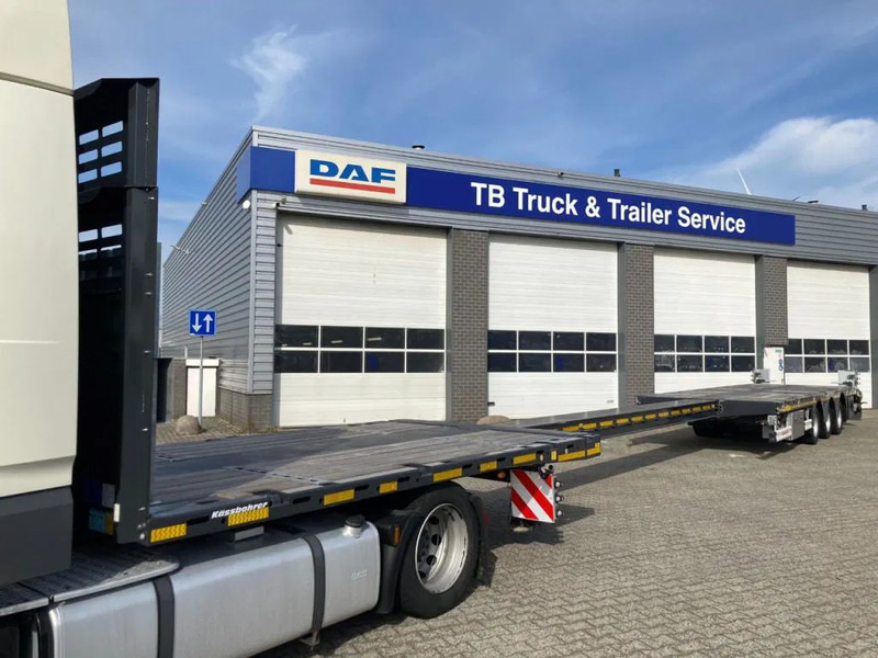 Kässbohrer SPA M3 / 1N - 18 / 27 Heavy Duty uitschuifbare vlakke mega trailer met liftas, rongen en oprijplaten - Félpótkocsi dobozos: 4 kép. Kässbohrer SPA M3 / 1N - 18 / 27 Heavy Duty uitschuifbare vlakke mega trailer met liftas, rongen en oprijplaten - Félpótkocsi dobozos: 4 kép.