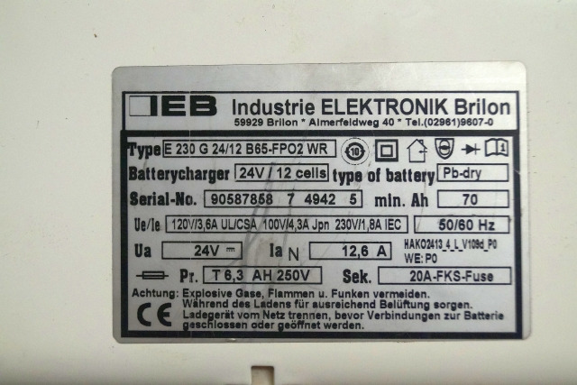 IEB 90587858 | IEB charger EFG 230 G 24/12 B65-FP02 WR 24V12,6A 220V 50/60Hz fro - Akkumulátor - Anyagmozgató gép: 2 kép. IEB 90587858 | IEB charger EFG 230 G 24/12 B65-FP02 WR 24V12,6A 220V 50/60Hz fro - Akkumulátor - Anyagmozgató gép: 2 kép.