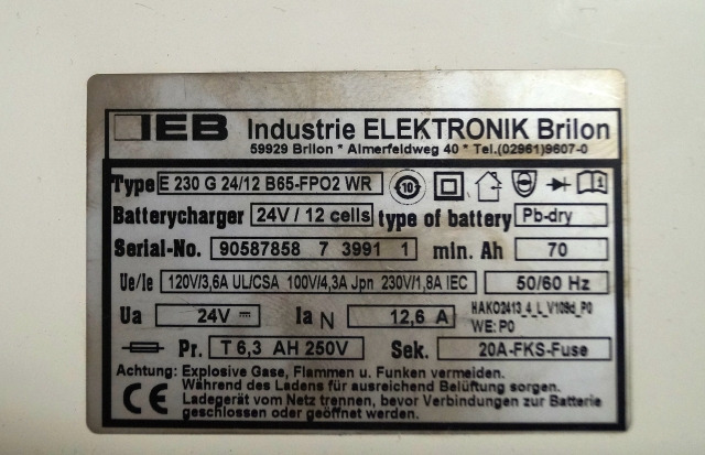 IEB 90587858 | IEB charger EFG 230 G 24/12 B65-FP02 WR 24V12,6A 220V 50/60Hz fro - Akkumulátor - Anyagmozgató gép: 2 kép. IEB 90587858 | IEB charger EFG 230 G 24/12 B65-FP02 WR 24V12,6A 220V 50/60Hz fro - Akkumulátor - Anyagmozgató gép: 2 kép.