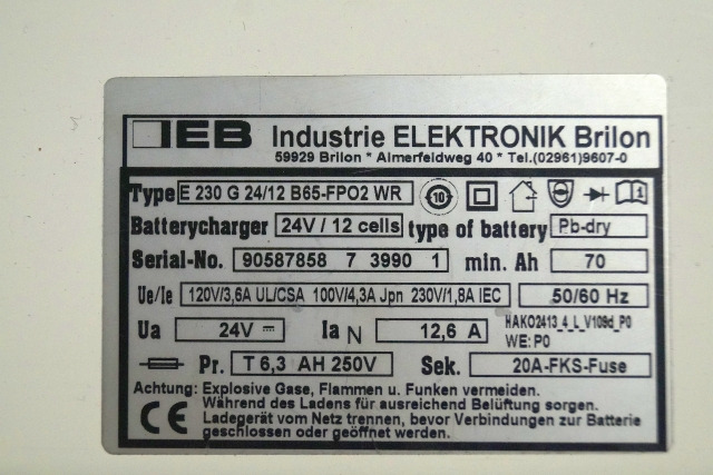 IEB 90587858 | IEB charger EFG 230 G 24/12 B65-FP02 WR 24V12,6A 220V 50/60Hz fro - Akkumulátor - Anyagmozgató gép: 2 kép. IEB 90587858 | IEB charger EFG 230 G 24/12 B65-FP02 WR 24V12,6A 220V 50/60Hz fro - Akkumulátor - Anyagmozgató gép: 2 kép.