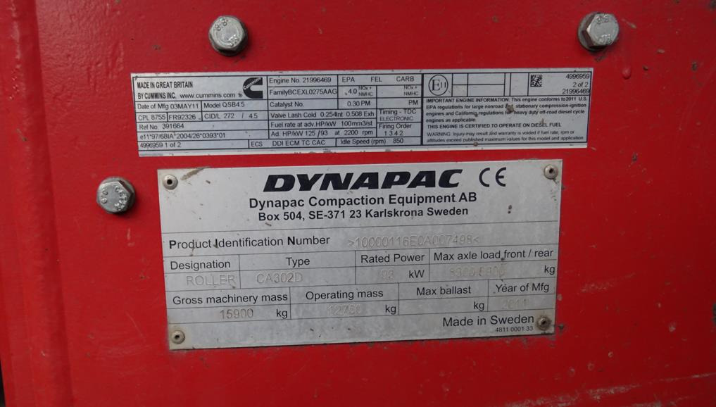 Walec DYNAPAC CA 302D 2011 - 3393 mth - CE - 15,9t - Henger: 5 kép. Walec DYNAPAC CA 302D 2011 - 3393 mth - CE - 15,9t - Henger: 5 kép.