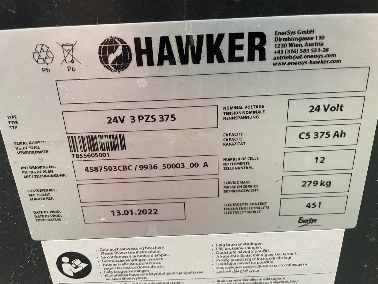 Hawker 24 Volt I 3 PZS 375 - Akkumulátor - Anyagmozgató gép: 2 kép. Hawker 24 Volt I 3 PZS 375 - Akkumulátor - Anyagmozgató gép: 2 kép.