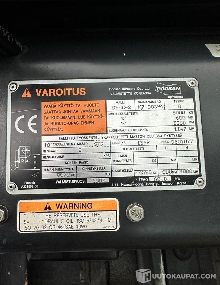 Doosan Daewoo D50-C2, 2007, 4 900 h dieseltrukki, Lempäälä - Építőipari gépek: 4 kép. Doosan Daewoo D50-C2, 2007, 4 900 h dieseltrukki, Lempäälä - Építőipari gépek: 4 kép.