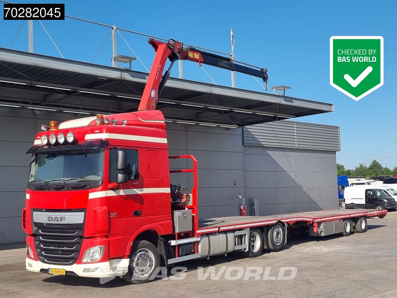 DAF XF 440 6X2 NL-Truck Transporter HMF 900-K2 Kran Winch Lift-Lenkachse Euro 6 - Platós teherautó, Darus autó: 1 kép. DAF XF 440 6X2 NL-Truck Transporter HMF 900-K2 Kran Winch Lift-Lenkachse Euro 6 - Platós teherautó, Darus autó: 1 kép.
