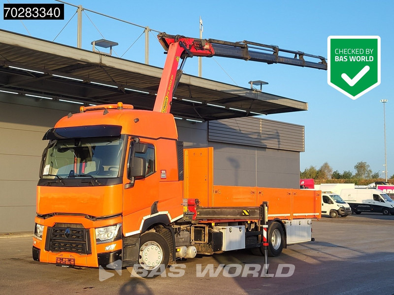 Renault T 380 4X2 Palfinger PK18002-EH Kran Crane Retarder Standklima Euro 6 - Platós teherautó, Darus autó: 1 kép. Renault T 380 4X2 Palfinger PK18002-EH Kran Crane Retarder Standklima Euro 6 - Platós teherautó, Darus autó: 1 kép.