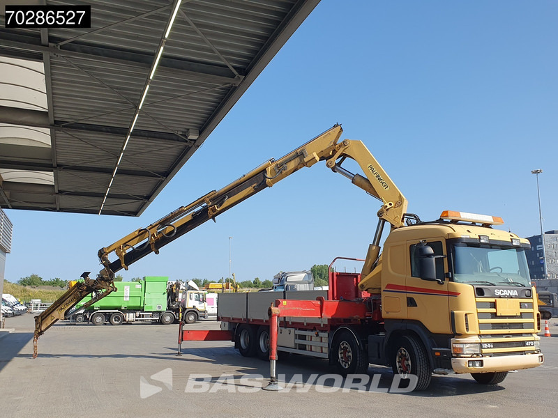 Scania 124G 470 8X4 Palfinger PK45000 C4 Crane Kran Fly-Jib Manual Steering Axle Euro 3 - Platós teherautó, Darus autó: 3 kép. Scania 124G 470 8X4 Palfinger PK45000 C4 Crane Kran Fly-Jib Manual Steering Axle Euro 3 - Platós teherautó, Darus autó: 3 kép.