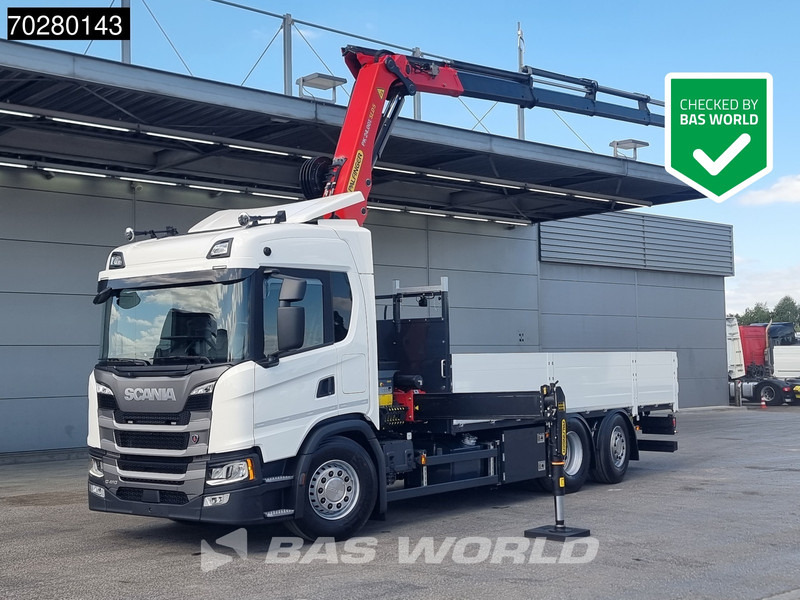 Scania G410 6X2 Palfinger PK24.001 SLD 5 Kran Crane Retarder Lift+Lenkachse Euro 6 - Platós teherautó, Darus autó: 1 kép. Scania G410 6X2 Palfinger PK24.001 SLD 5 Kran Crane Retarder Lift+Lenkachse Euro 6 - Platós teherautó, Darus autó: 1 kép.