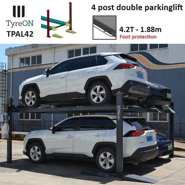 TPAL42 mobile double 4 post parking lift for car - 4.2T - Height 188 cm - Long 415 cm runways with automatic roll-off protection - 230V - To park 4 vehicles - Garázs felszerelés: 1 kép. TPAL42 mobile double 4 post parking lift for car - 4.2T - Height 188 cm - Long 415 cm runways with automatic roll-off protection - 230V - To park 4 vehicles - Garázs felszerelés: 1 kép.