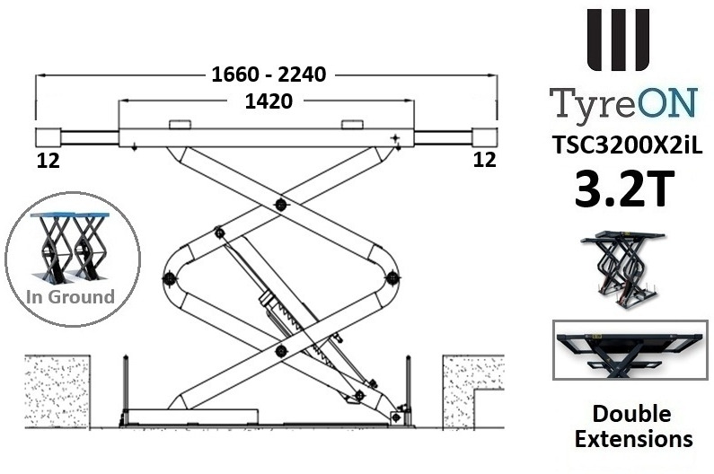 TSC3500X2iL in floor scissor lift - double extensions- Platform length up to 224 cm - also for longer vehicles - Garázs felszerelés: 3 kép. TSC3500X2iL in floor scissor lift - double extensions- Platform length up to 224 cm - also for longer vehicles - Garázs felszerelés: 3 kép.