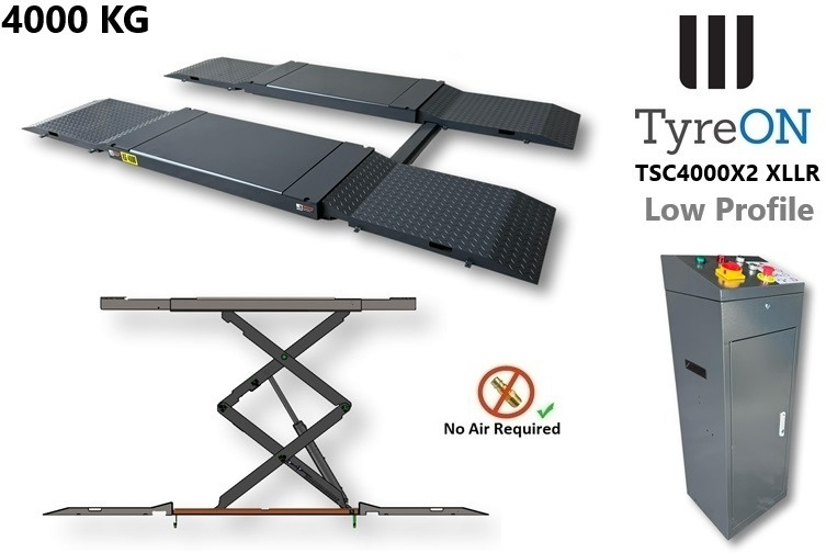 TSC4000X2 XLLR Low Profile 4T floor mounted scissor lift - Large lifting range, 66 cm wide extendable tables 148.5 to 230,5 cm - Hydromechanically locked - no air required - Also for vehicles with 5 c - Garázs felszerelés: 5 kép. TSC4000X2 XLLR Low Profile 4T floor mounted scissor lift - Large lifting range, 66 cm wide extendable tables 148.5 to 230,5 cm - Hydromechanically locked - no air required - Also for vehicles with 5 c - Garázs felszerelés: 5 kép.