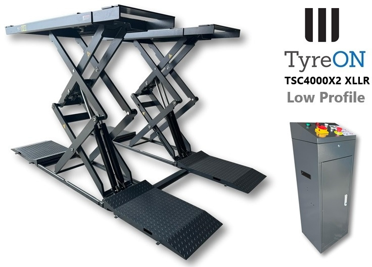 TSC4000X2 XLLR Low Profile 4T floor mounted scissor lift - Large lifting range, 66 cm wide extendable tables 148.5 to 230,5 cm - Hydromechanically locked - no air required - Also for vehicles with 5 c - Garázs felszerelés: 2 kép. TSC4000X2 XLLR Low Profile 4T floor mounted scissor lift - Large lifting range, 66 cm wide extendable tables 148.5 to 230,5 cm - Hydromechanically locked - no air required - Also for vehicles with 5 c - Garázs felszerelés: 2 kép.