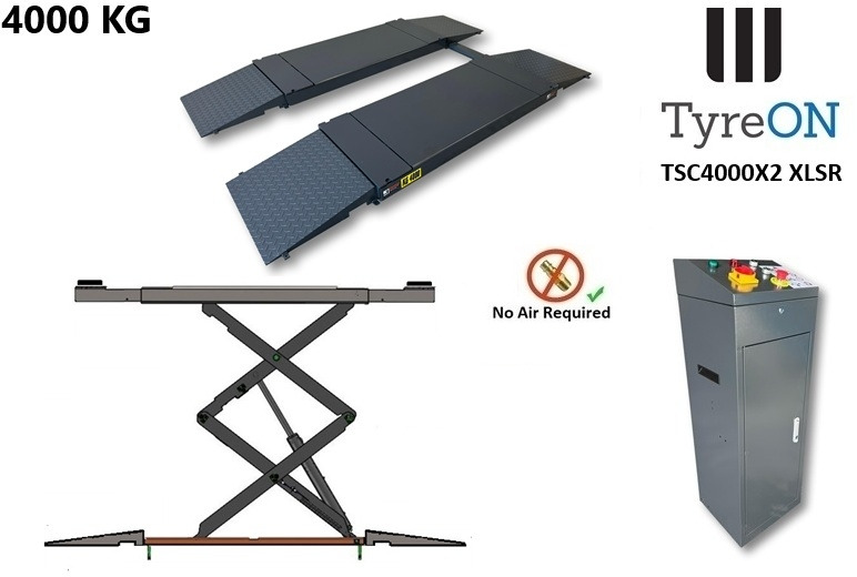 TSC4000X2 XLSR Low Profile 4T floor mounted scissor lift - Large lifting range, 66 cm wide extendable tables 148.5 to 230,5 cm - Hydromechanically locked - no air required - Garázs felszerelés: 5 kép. TSC4000X2 XLSR Low Profile 4T floor mounted scissor lift - Large lifting range, 66 cm wide extendable tables 148.5 to 230,5 cm - Hydromechanically locked - no air required - Garázs felszerelés: 5 kép.