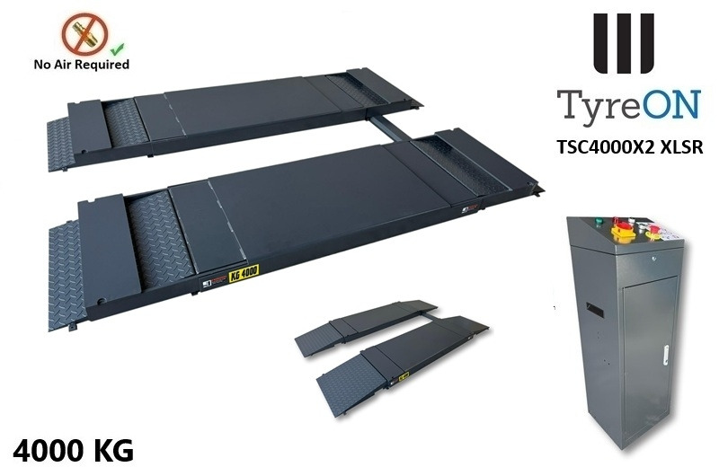 TSC4000X2 XLSR Low Profile 4T floor mounted scissor lift - Large lifting range, 66 cm wide extendable tables 148.5 to 230,5 cm - Hydromechanically locked - no air required - Garázs felszerelés: 4 kép. TSC4000X2 XLSR Low Profile 4T floor mounted scissor lift - Large lifting range, 66 cm wide extendable tables 148.5 to 230,5 cm - Hydromechanically locked - no air required - Garázs felszerelés: 4 kép.