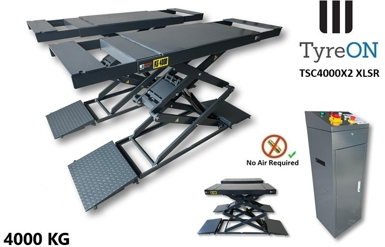 TSC4000X2 XLSR Low Profile 4T floor mounted scissor lift - Large lifting range, 66 cm wide extendable tables 148.5 to 230,5 cm - Hydromechanically locked - no air required - Garázs felszerelés: 1 kép. TSC4000X2 XLSR Low Profile 4T floor mounted scissor lift - Large lifting range, 66 cm wide extendable tables 148.5 to 230,5 cm - Hydromechanically locked - no air required - Garázs felszerelés: 1 kép.