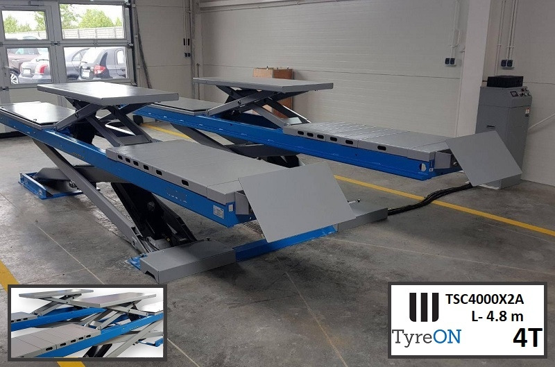 TSC4000X2A Alignment scissor lift - On floor - Free wheel lifting system - 4.8 m lightened runways - 4T - Mounted on the floor - Garázs felszerelés: 4 kép. TSC4000X2A Alignment scissor lift - On floor - Free wheel lifting system - 4.8 m lightened runways - 4T - Mounted on the floor - Garázs felszerelés: 4 kép.