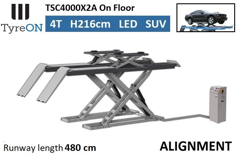 TSC4000X2A Alignment scissor lift - On floor - Free wheel lifting system - 4.8 m lightened runways - 4T - Mounted on the floor - Garázs felszerelés: 1 kép. TSC4000X2A Alignment scissor lift - On floor - Free wheel lifting system - 4.8 m lightened runways - 4T - Mounted on the floor - Garázs felszerelés: 1 kép.