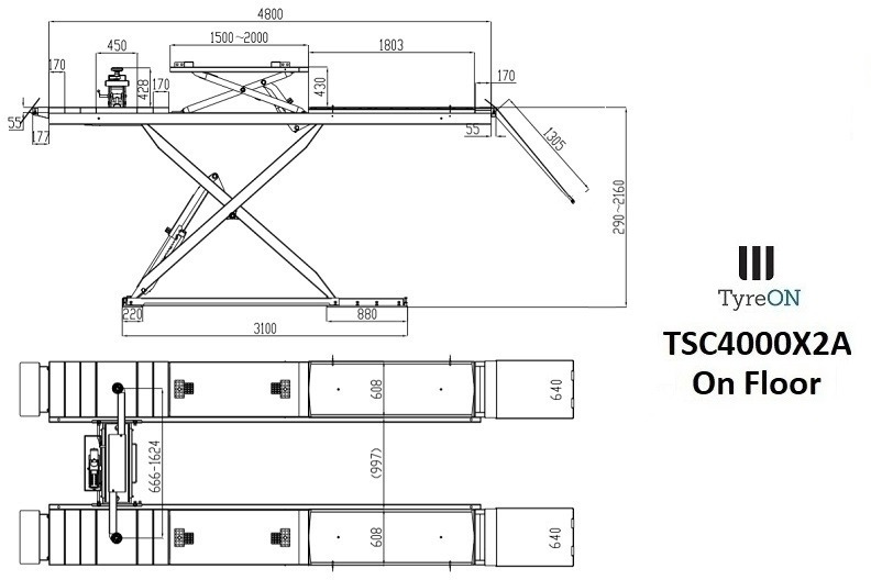 TSC4000X2A Alignment scissor lift - On floor - Free wheel lifting system - 4.8 m lightened runways - 4T - Mounted on the floor - Garázs felszerelés: 2 kép. TSC4000X2A Alignment scissor lift - On floor - Free wheel lifting system - 4.8 m lightened runways - 4T - Mounted on the floor - Garázs felszerelés: 2 kép.