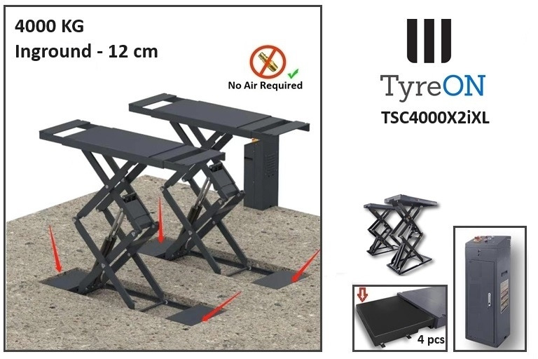 TSC4000X2iXL In floor scissor lift - Double extensions - 12 cm installation depth - Hydromechanically locked - No compressed air required - 4T - Garázs felszerelés: 1 kép. TSC4000X2iXL In floor scissor lift - Double extensions - 12 cm installation depth - Hydromechanically locked - No compressed air required - 4T - Garázs felszerelés: 1 kép.