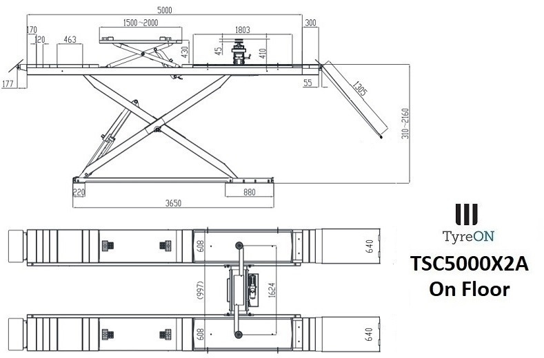 TSC5000X2A Alignment scissor lift - On floor - Free wheel lifting system - 5.3 m lightened runways - 5T- Mounted on the floor - Garázs felszerelés: 2 kép. TSC5000X2A Alignment scissor lift - On floor - Free wheel lifting system - 5.3 m lightened runways - 5T- Mounted on the floor - Garázs felszerelés: 2 kép.