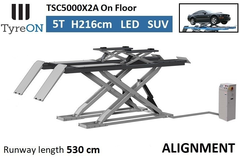 TSC5000X2A Alignment scissor lift - On floor - Free wheel lifting system - 5.3 m lightened runways - 5T- Mounted on the floor - Garázs felszerelés: 1 kép. TSC5000X2A Alignment scissor lift - On floor - Free wheel lifting system - 5.3 m lightened runways - 5T- Mounted on the floor - Garázs felszerelés: 1 kép.