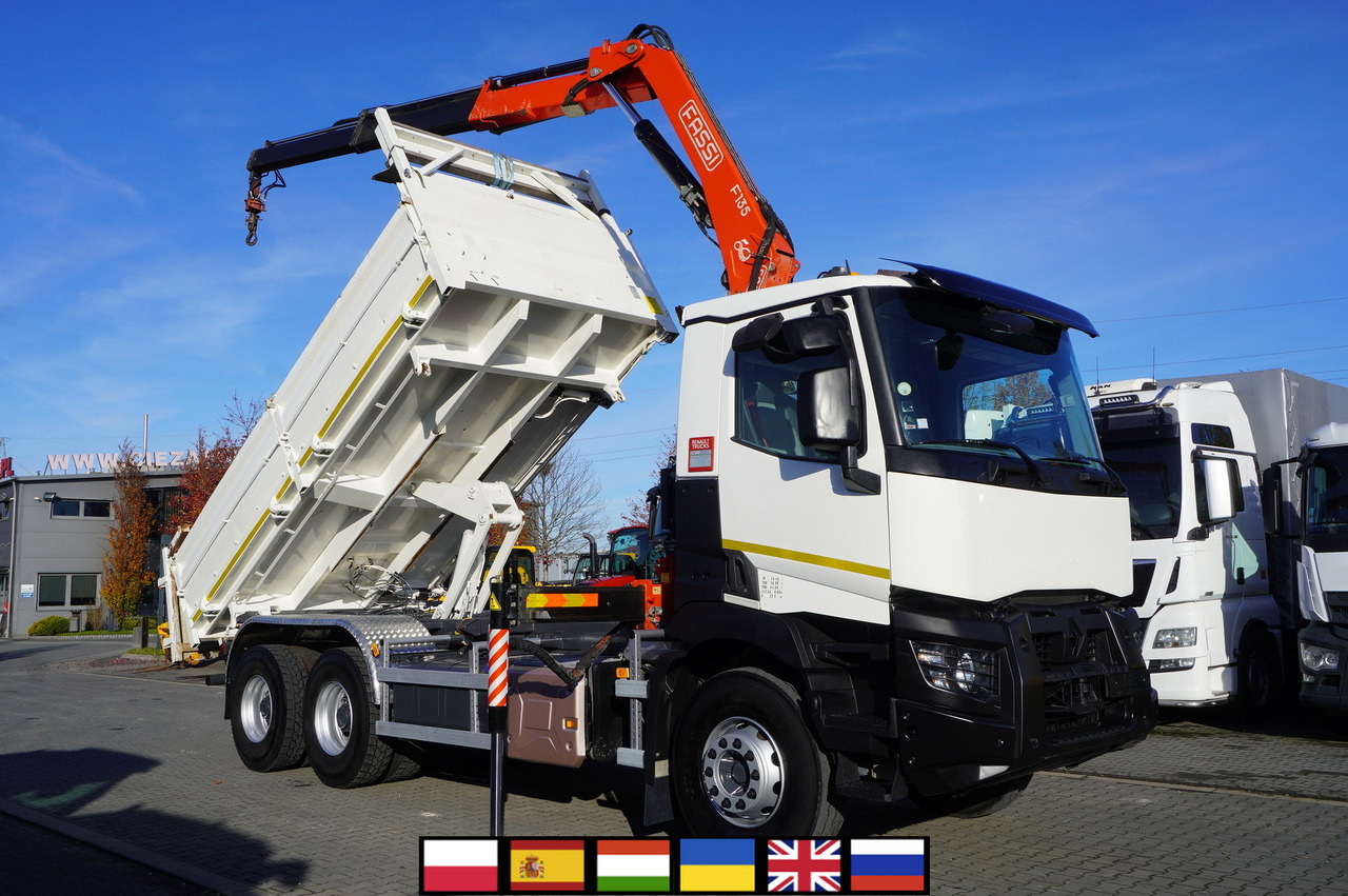 RENAULT C380 E6 6×4 / HDS Fassi F135 2700 MTH / Range 8 m / 5.6 t lifting capacity / 3-side tipper / Bortmatic - Darus autó: 1 kép. RENAULT C380 E6 6×4 / HDS Fassi F135 2700 MTH / Range 8 m / 5.6 t lifting capacity / 3-side tipper / Bortmatic - Darus autó: 1 kép.